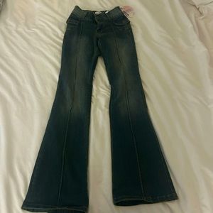 Cute Low Rise Kali Uchis branded dark wash bootcut jeans